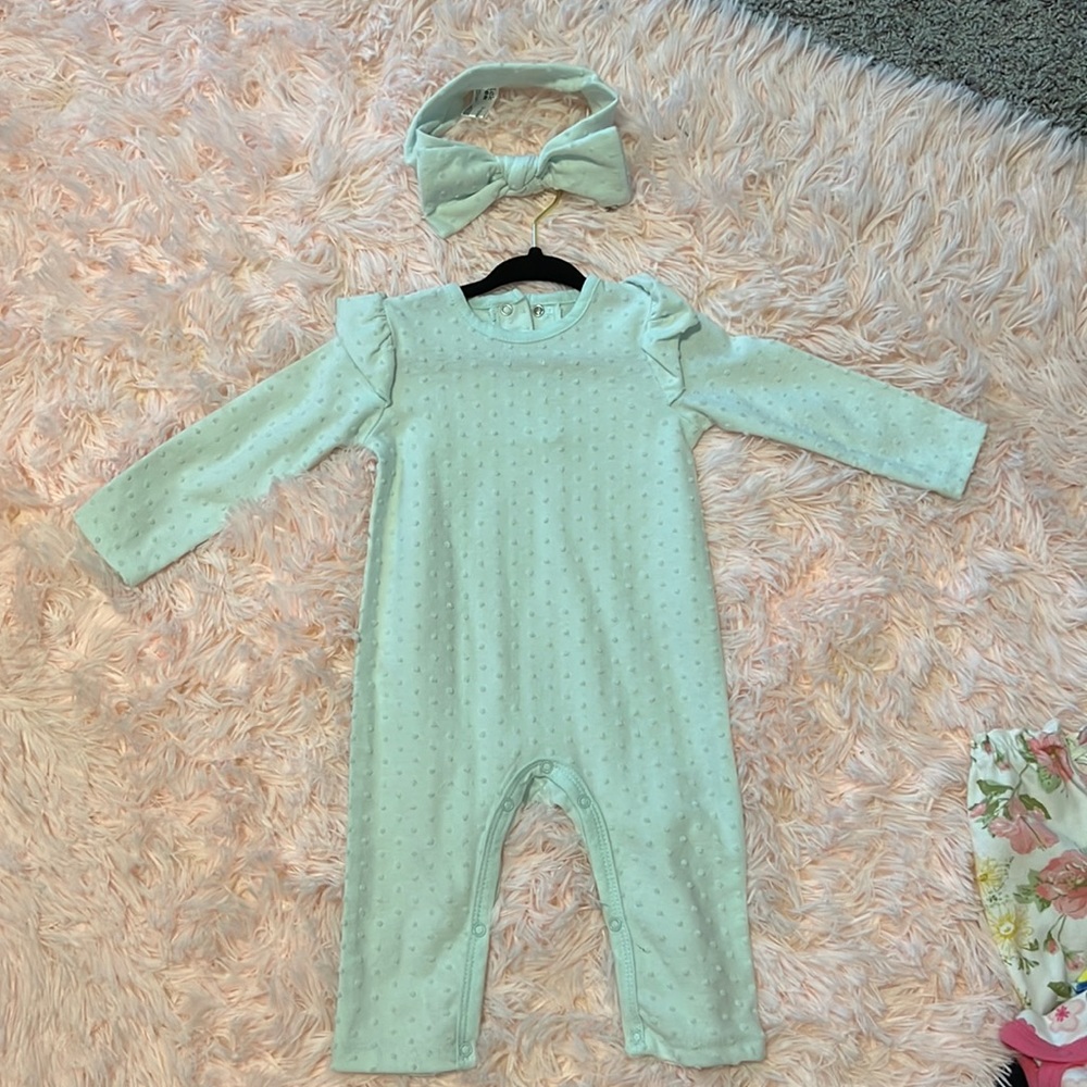 Mint Green baby jumpsuit with matching headband